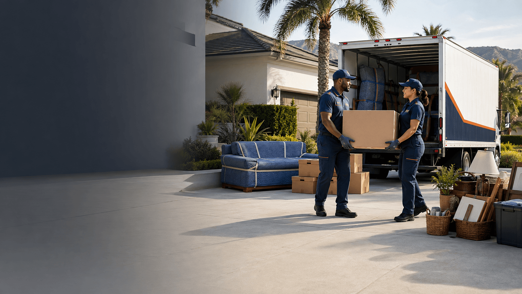 Professional movers loading household belongings into a moving truck.